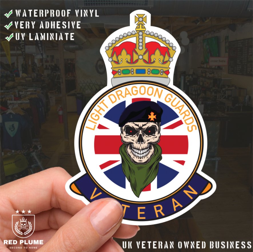 Light Dragoons Veteran UV Laminated Skull & Beret Decal redplume
