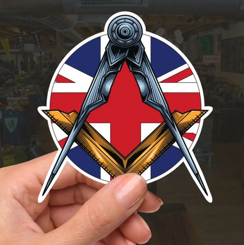 Masonic Square and Compass Union Jack Vinyl Sticker Decal | Waterproof - Red Plume