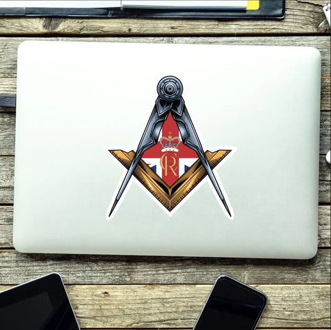 Masonic Square & Compass Union Jack King Charles III Cypher Vinyl Sticker - Red Plume