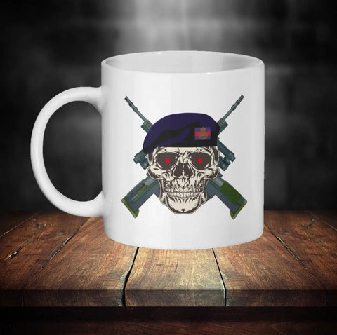 Personalised Blues and Royals Mug - Skull in Beret & Crossed Rifles Design - Custom Name - 11oz Cera - Red Plume