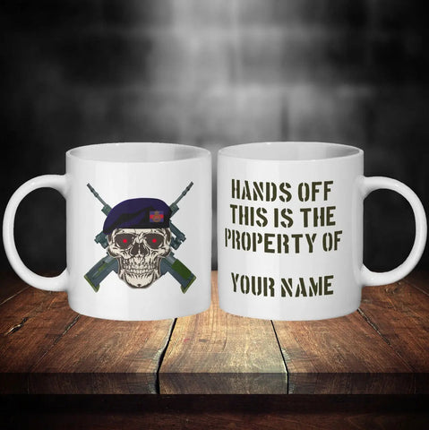 Personalised Blues and Royals Mug - Skull in Beret & Crossed Rifles Design - Custom Name - 11oz Ceramic Mug - Dishwasher Safe - Red Plume