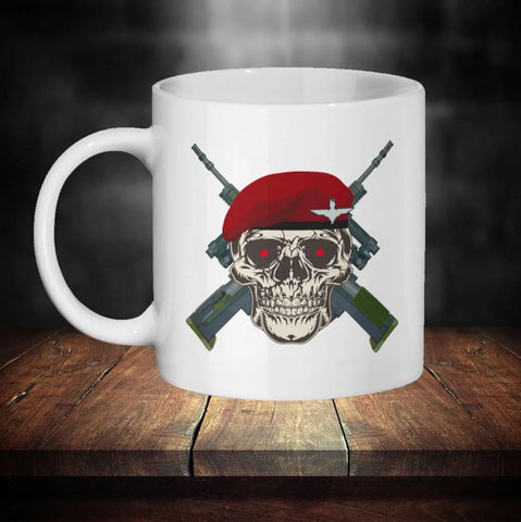 Personalised Parachute Regiment Mug - Skull in Beret & Crossed Rifles - Red Plume