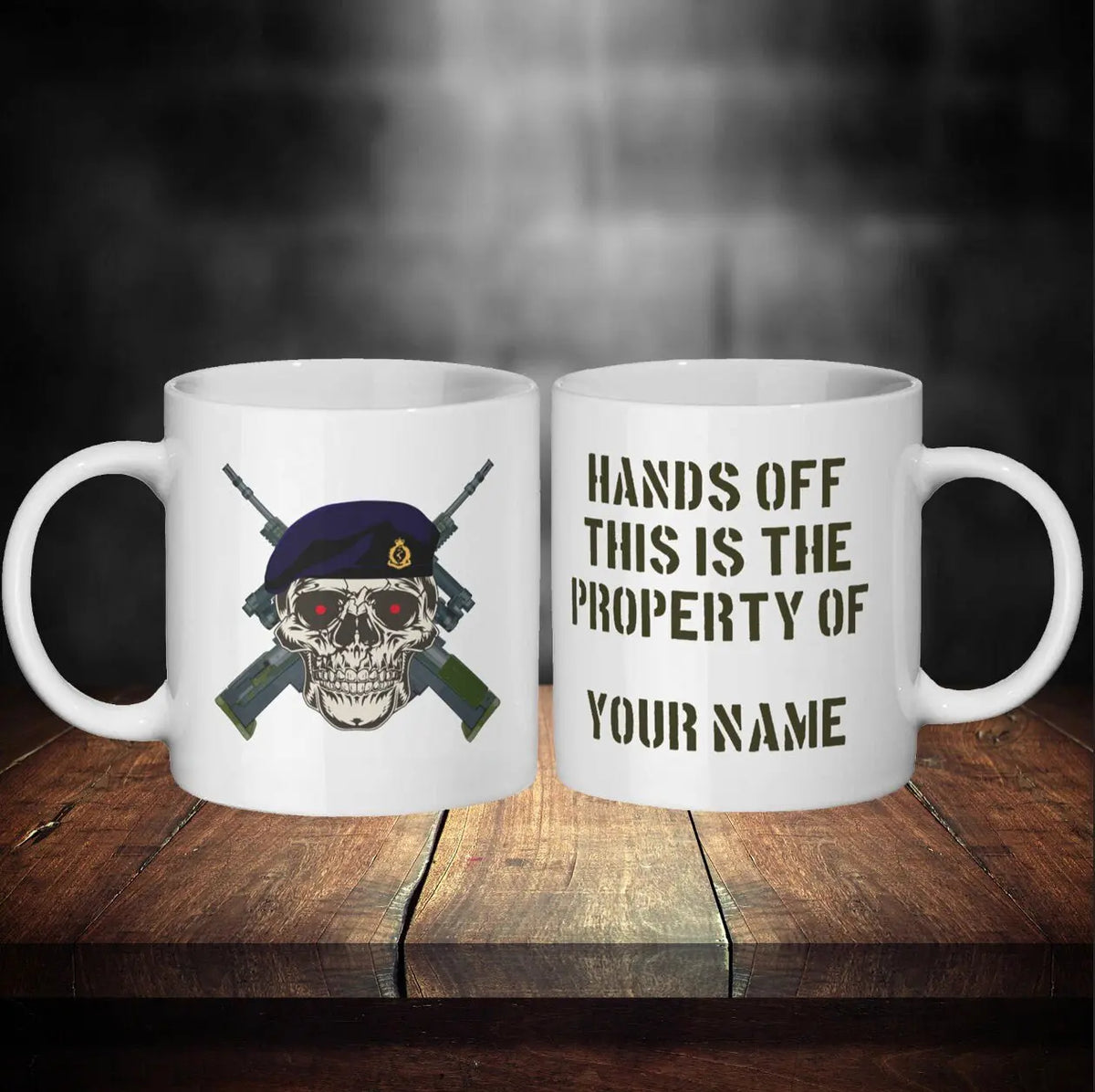 Personalised Royal Army Medical Corps Mug - Skull in Beret & Crossed Rifles Design - Custom Name - 1 - Red Plume