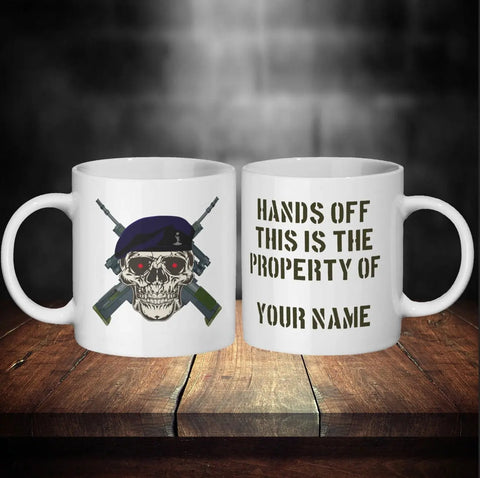 Personalised Royal Signals Mug - Skull in Beret & Crossed Rifles Design - Custom Name - 11oz Ceramic - Red Plume