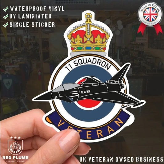 RAF 11 Squadron Veterans Badge Vinyl Sticker - Typhoon Aircraft - Red Plume
