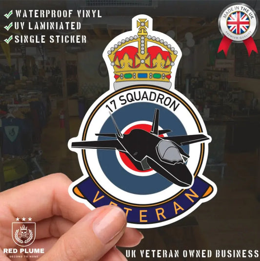 RAF 17 Squadron Veterans Badge Vinyl Sticker - Lightning Aircraft - Red Plume