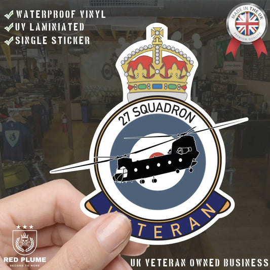 RAF 27 Squadron Veterans Badge Vinyl Sticker - Chinook Aircraft - Red Plume