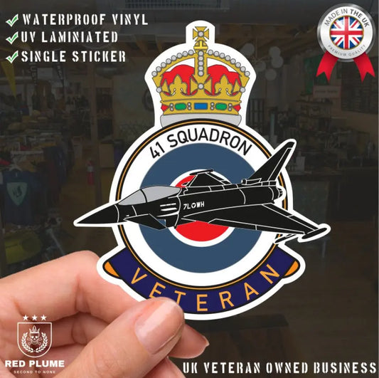 RAF 41 Squadron Veterans Badge Vinyl Sticker - Typhoon Aircraft - Red Plume