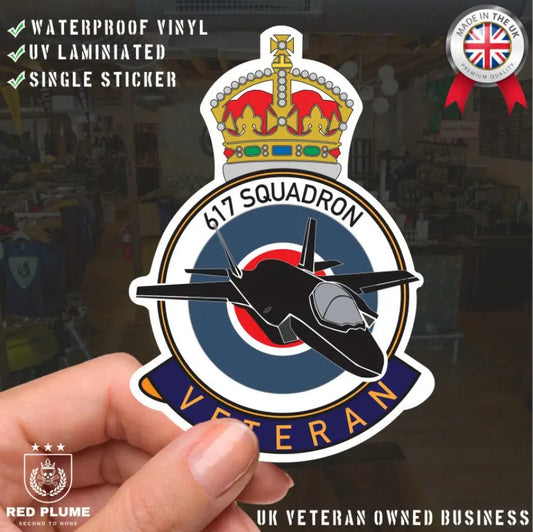 RAF 617 Squadron Veterans Badge Vinyl Sticker - Lightning Aircraft - Red Plume