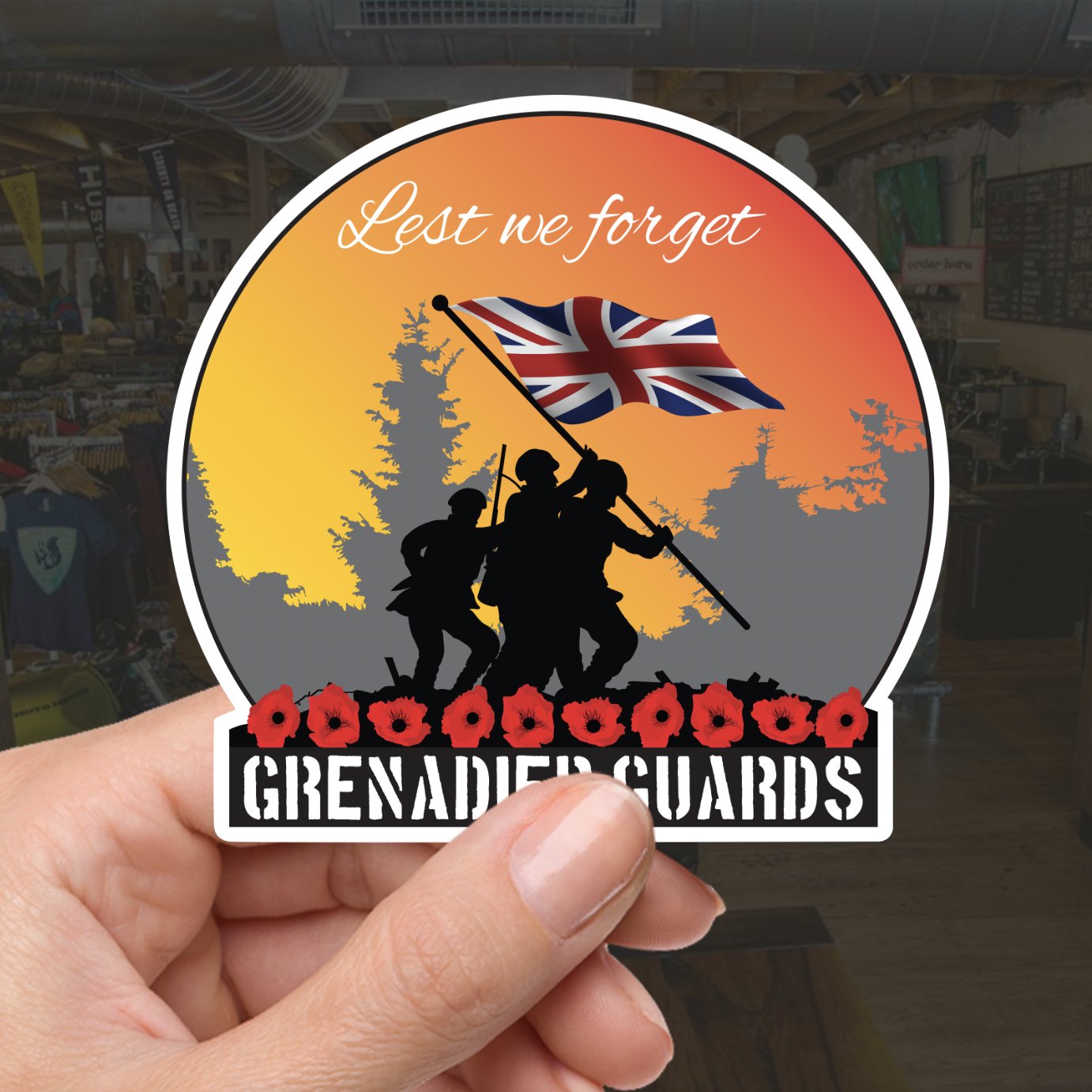 Remembrance Vinyl Sticker - Grenadier Guards Lest We Forget redplume