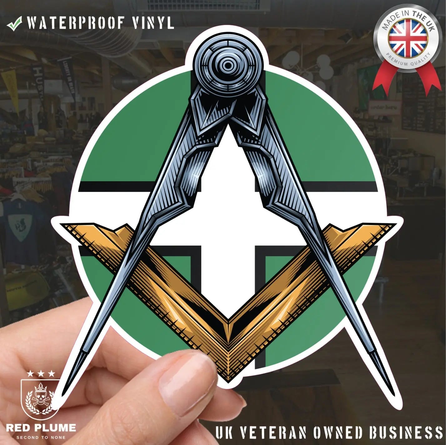 Round Devonshire Masonic Sticker Square & Compass Union Vinyl Decal redplume