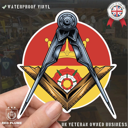 Round Hampshire Masonic Sticker Square & Compass Union Vinyl Decal - Red Plume