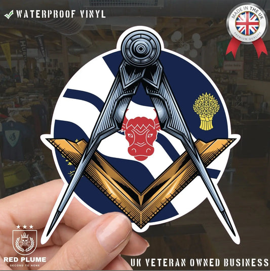 Round Oxfordshire Masonic Sticker Square & Compass Union Vinyl Decal - Red Plume