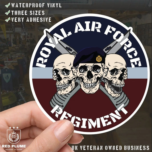 Royal Air Force Regiment Waterproof Vinyl Stickers Three Skull Design - Red Plume