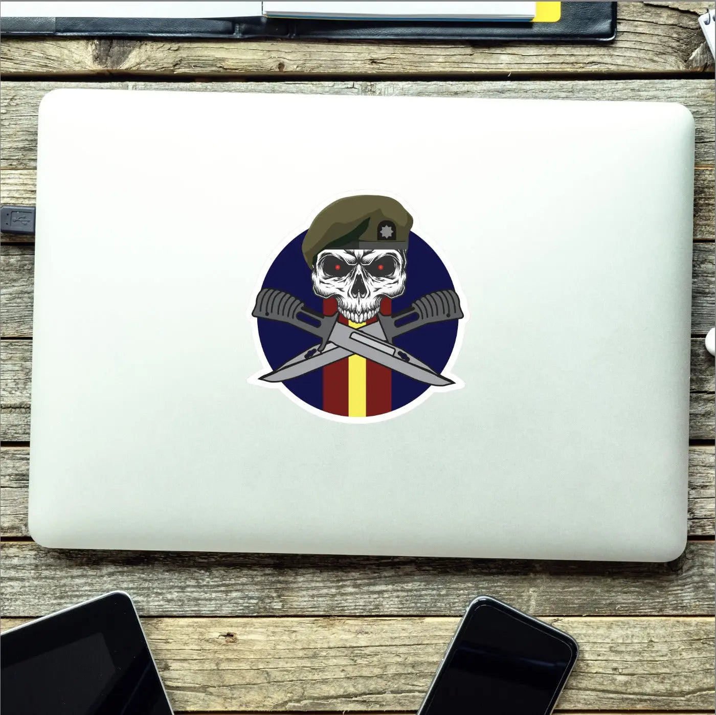 Royal Anglian Car Decal - Stylish Skull and Crossed Bayonets Design - Red Plume