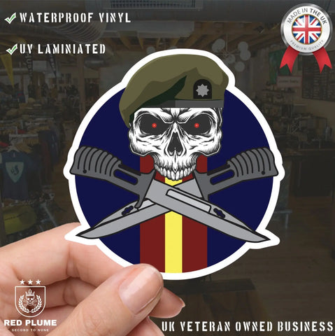 Royal Anglian Car Decal - Stylish Skull and Crossed Bayonets Design - Red Plume