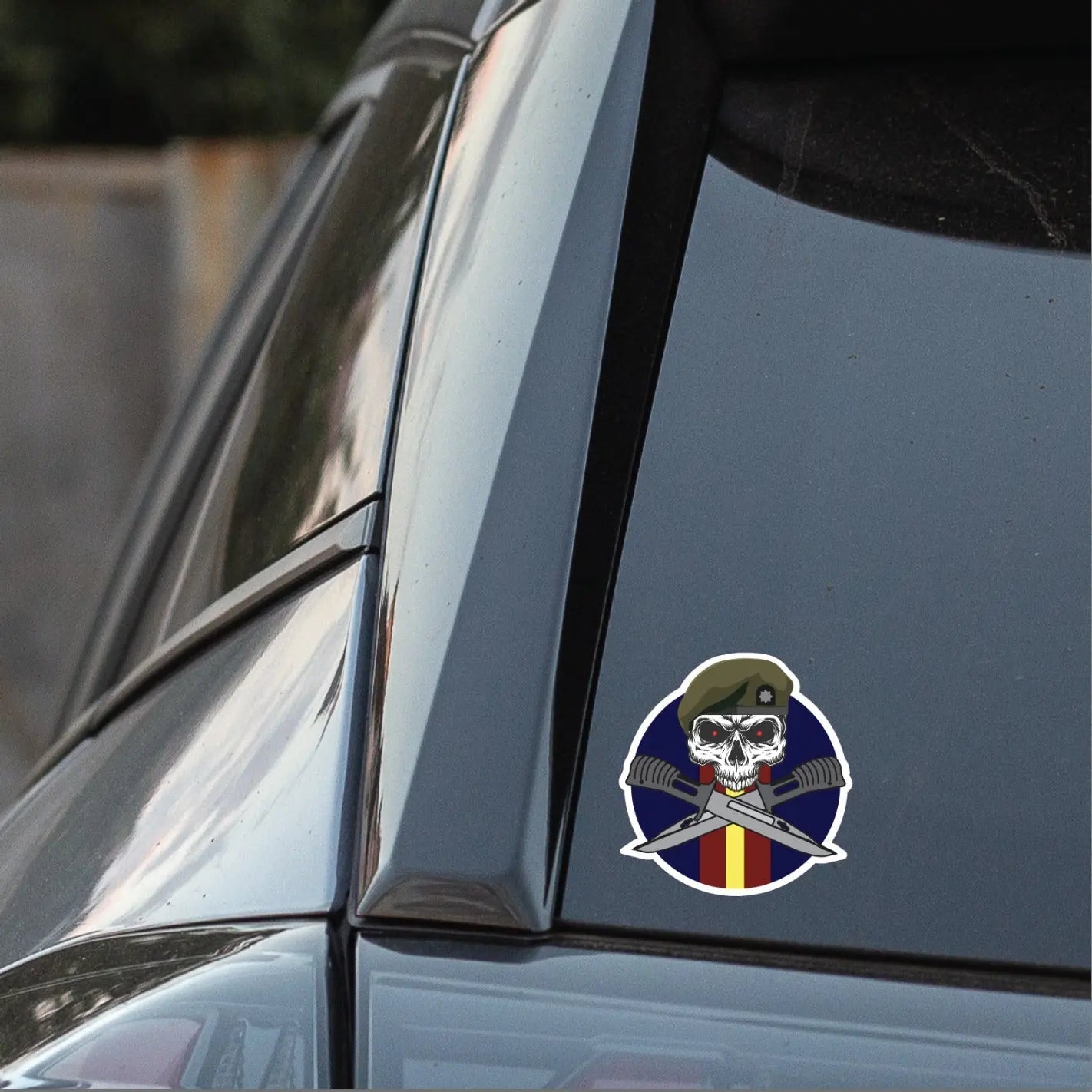 Royal Anglian Car Decal - Stylish Skull and Crossed Bayonets Design - Red Plume