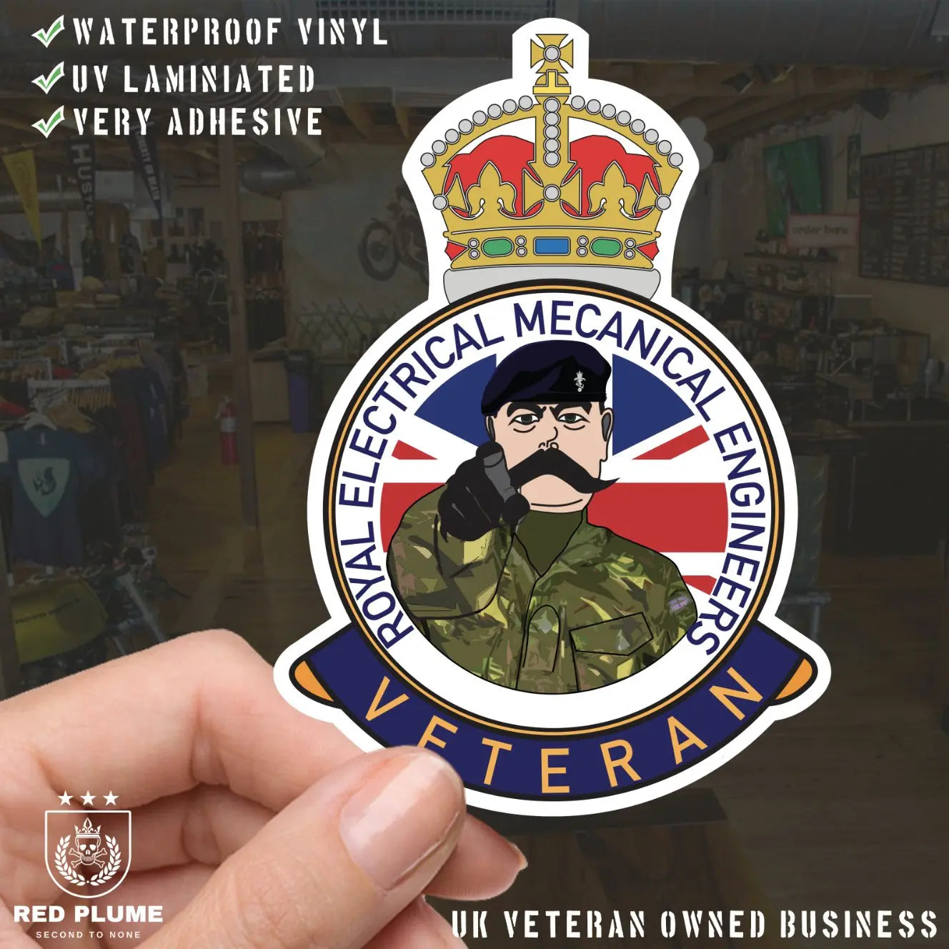 Royal Electrical Mechanical Engineers Veteran UV Laminated Kitch & Beret Sticker redplume