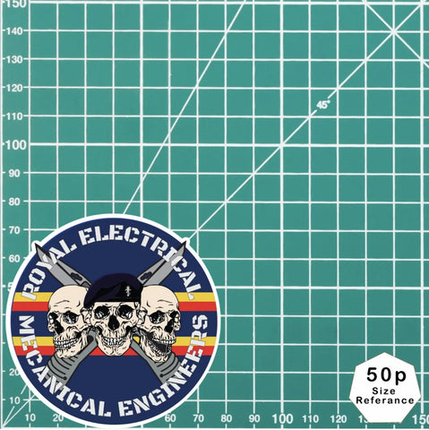 Royal Electrical Mechanical Engineers Waterproof Vinyl Stickers 3 Skull Design - Red Plume