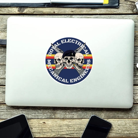 Royal Electrical Mechanical Engineers Waterproof Vinyl Stickers 3 Skull Design - Red Plume