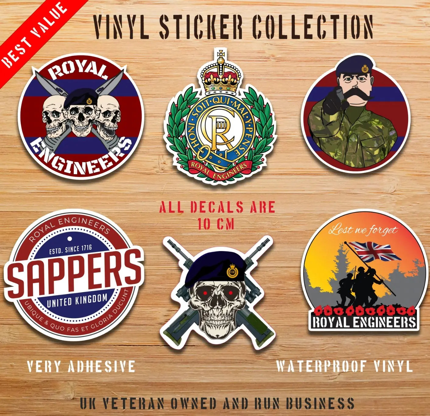 Royal Engineers CR Style - 6 Best-Selling Waterproof Stickers bundle - Red Plume