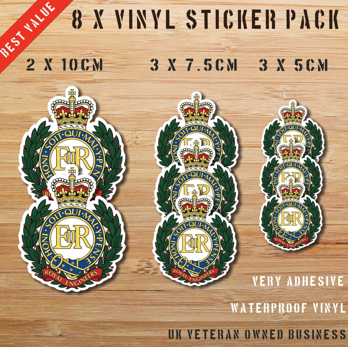 Royal Engineers Waterproof Vinyl Stickers Pack ER style - MoD Reseller redplume