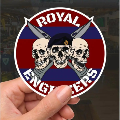 Royal Engineers Waterproof Vinyl Stickers Three Skull Design - Red Plume