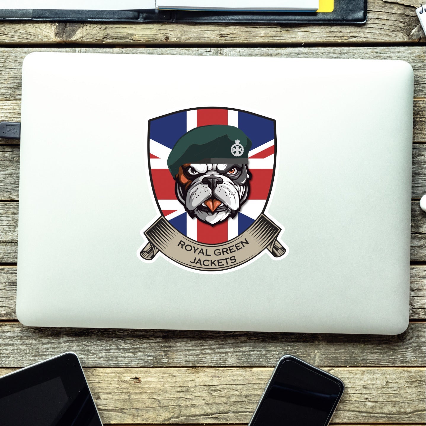 Royal Green Jackets British Bulldog and Union Jack Shield Vinyl Sticker - 10cm redplume