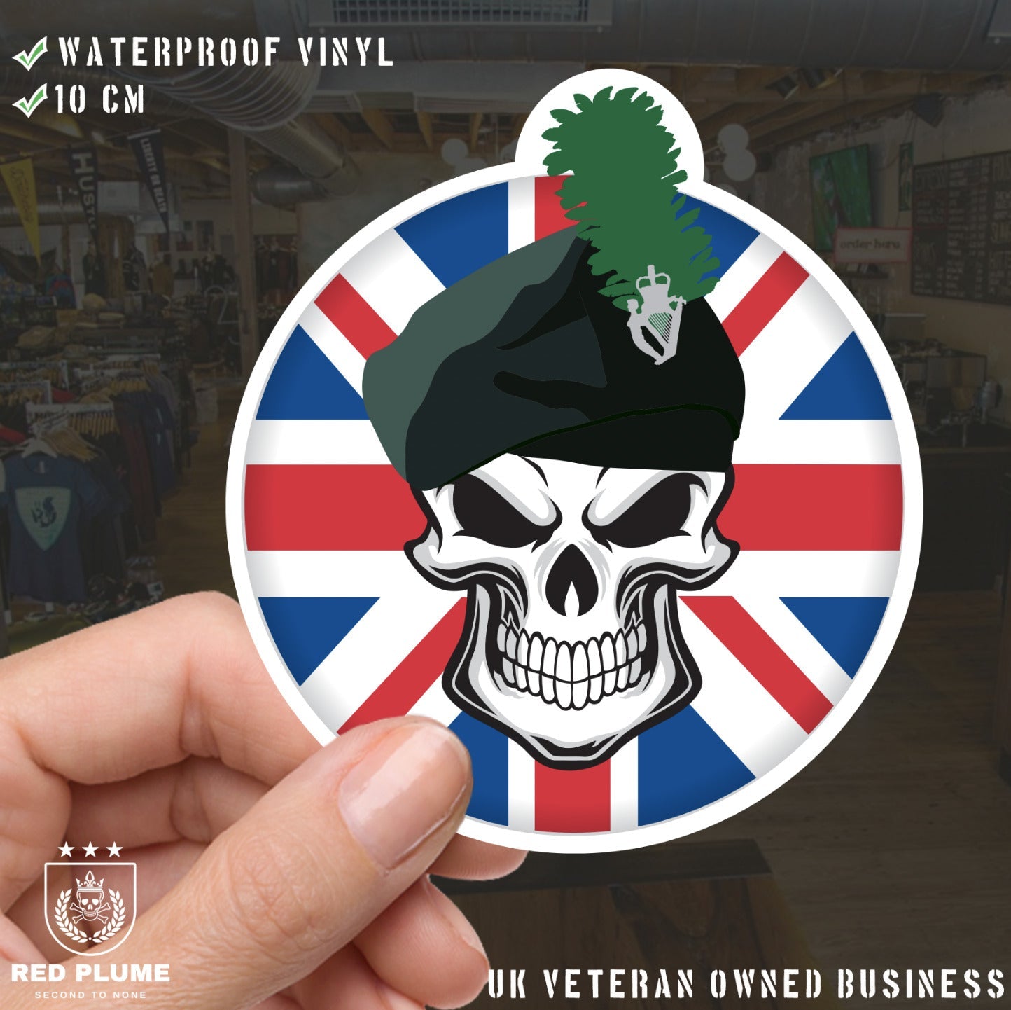 Royal Irish Regiment Skull with Beret UJ Vinyl Sticker - 10cm redplume