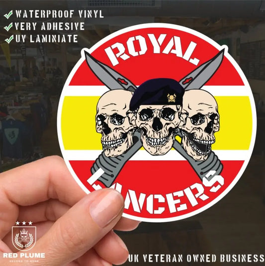 Royal Lancers Waterproof Vinyl Stickers Three Skull Design - Red Plume