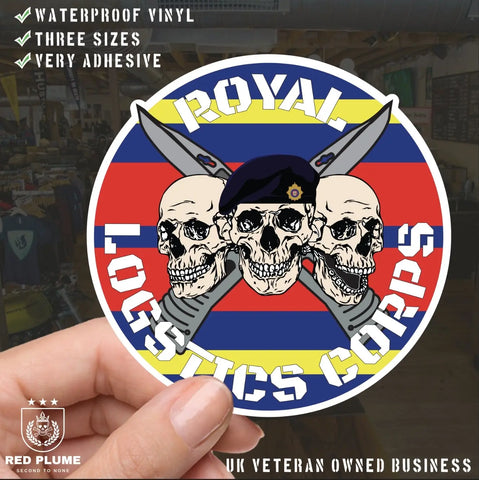 Royal Logistics Corps (RLC) Waterproof Vinyl Stickers Three Skull Design - Red Plume