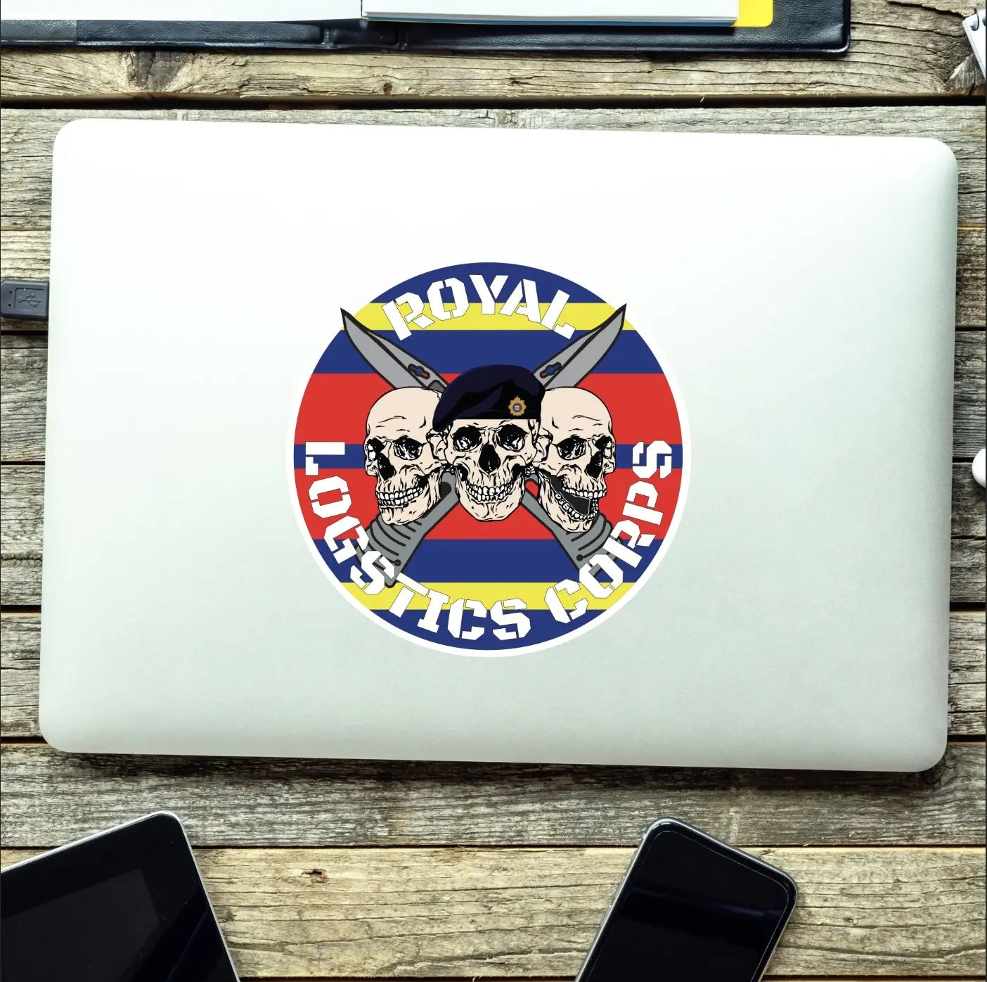 Royal Logistics Corps (RLC) Waterproof Vinyl Stickers Three Skull Design - Red Plume