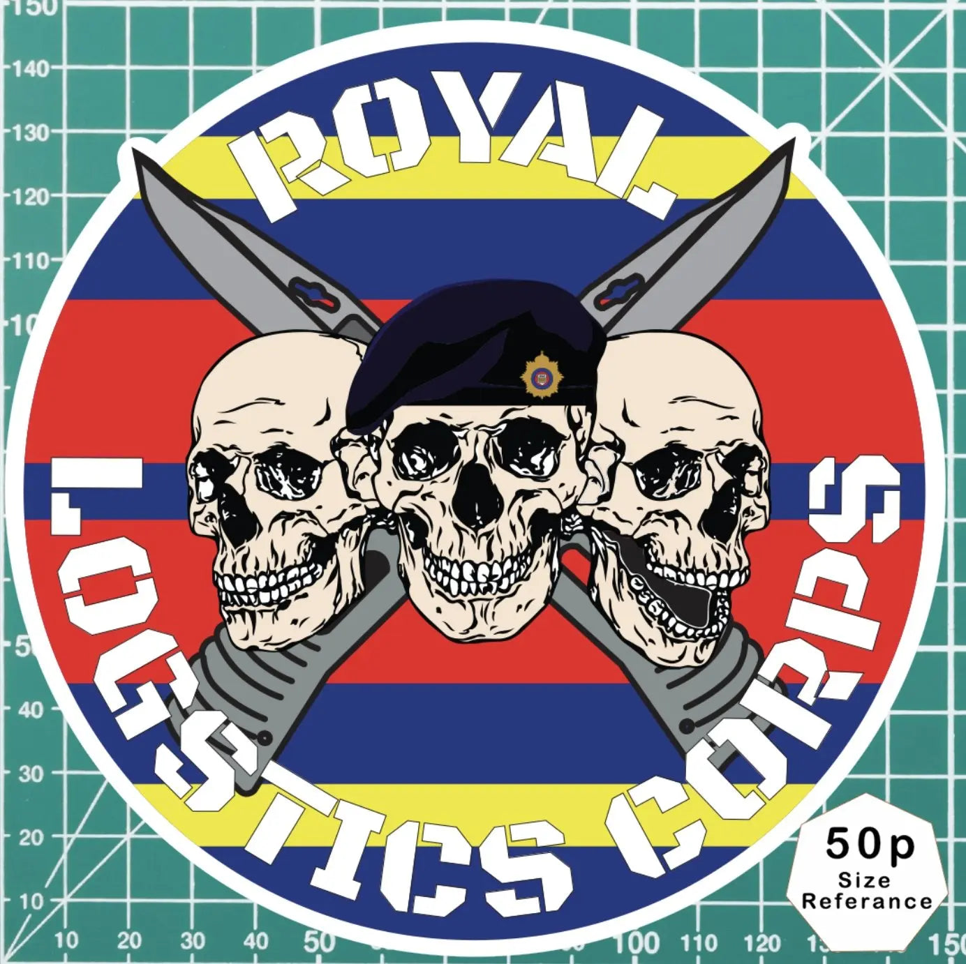 Royal Logistics Corps (RLC) Waterproof Vinyl Stickers Three Skull Design - Red Plume