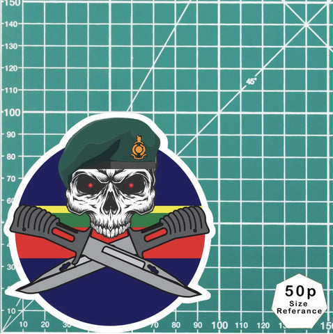 Royal Marine Commandos Car Decal - Stylish Skull and Crossed Bayonets Design - Red Plume