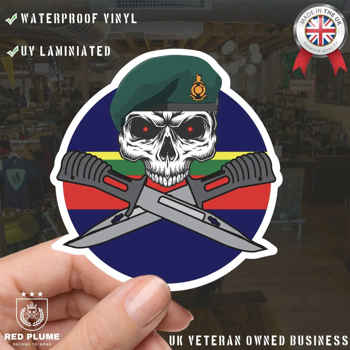 Royal Marine Commandos Car Decal - Stylish Skull and Crossed Bayonets Design - Red Plume
