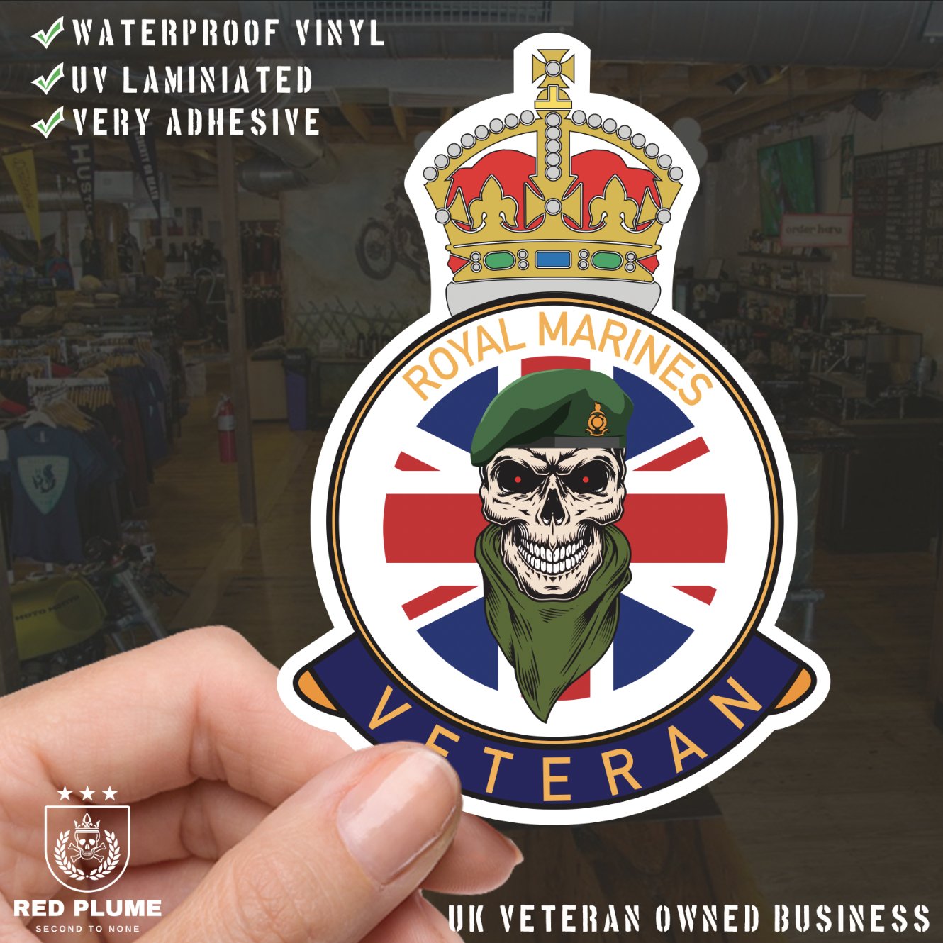 Royal Marines Veteran UV Laminated Skull & Beret Decal redplume