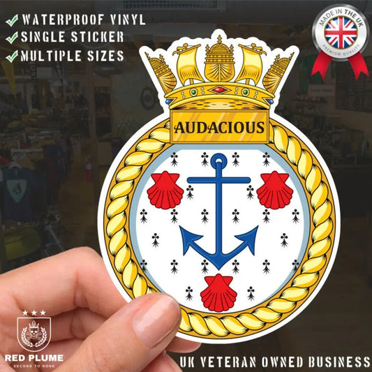 Royal Navy HMS Audacious Waterproof Vinyl Sticker - Multiple Sizes - Red Plume