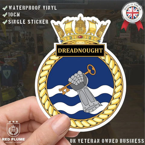 Royal Navy HMS Dreadnought Waterproof Vinyl Sticker - Multiple Sizes - Red Plume