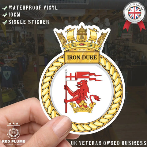 Royal Navy HMS Iron Duke Waterproof Vinyl Sticker - Multiple Sizes - Red Plume