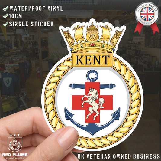 Royal Navy HMS Kent Waterproof Vinyl Sticker - Multiple Sizes - Red Plume