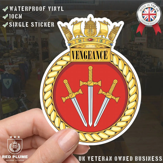 Royal Navy HMS Vengeance Waterproof Vinyl Sticker - Multiple Sizes - Red Plume