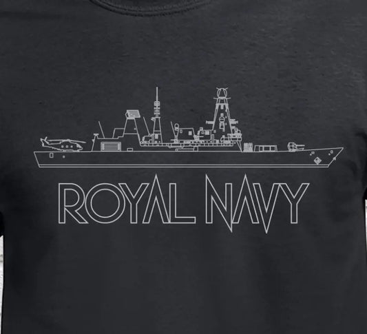 Royal Navy T-Shirt with the Type 45 Destroyer Outline - Red Plume