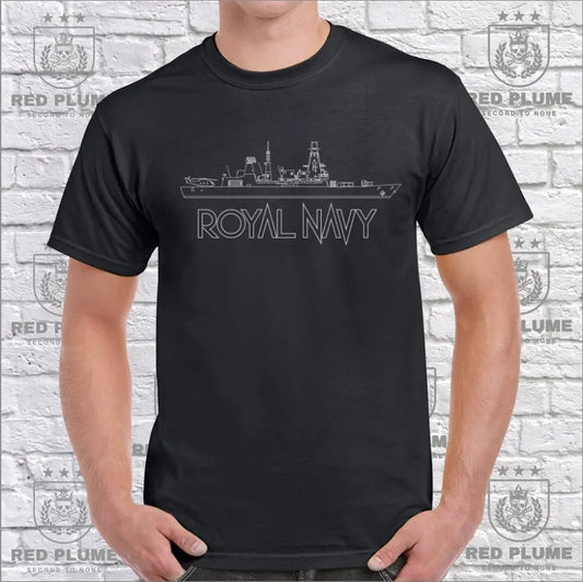 Royal Navy T-Shirt with the Type 45 Destroyer Outline - Red Plume