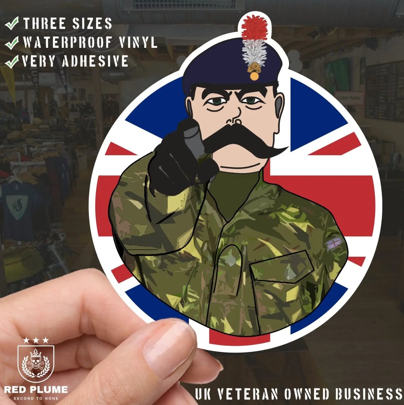 Royal Regiment of Fusiliers Vinyl Waterproof Sticker, Lord Kitchener Design redplume