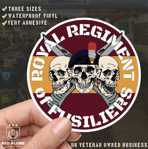 Royal Regiment of Fusiliers Waterproof Vinyl Stickers Three Skull Design - Red Plume