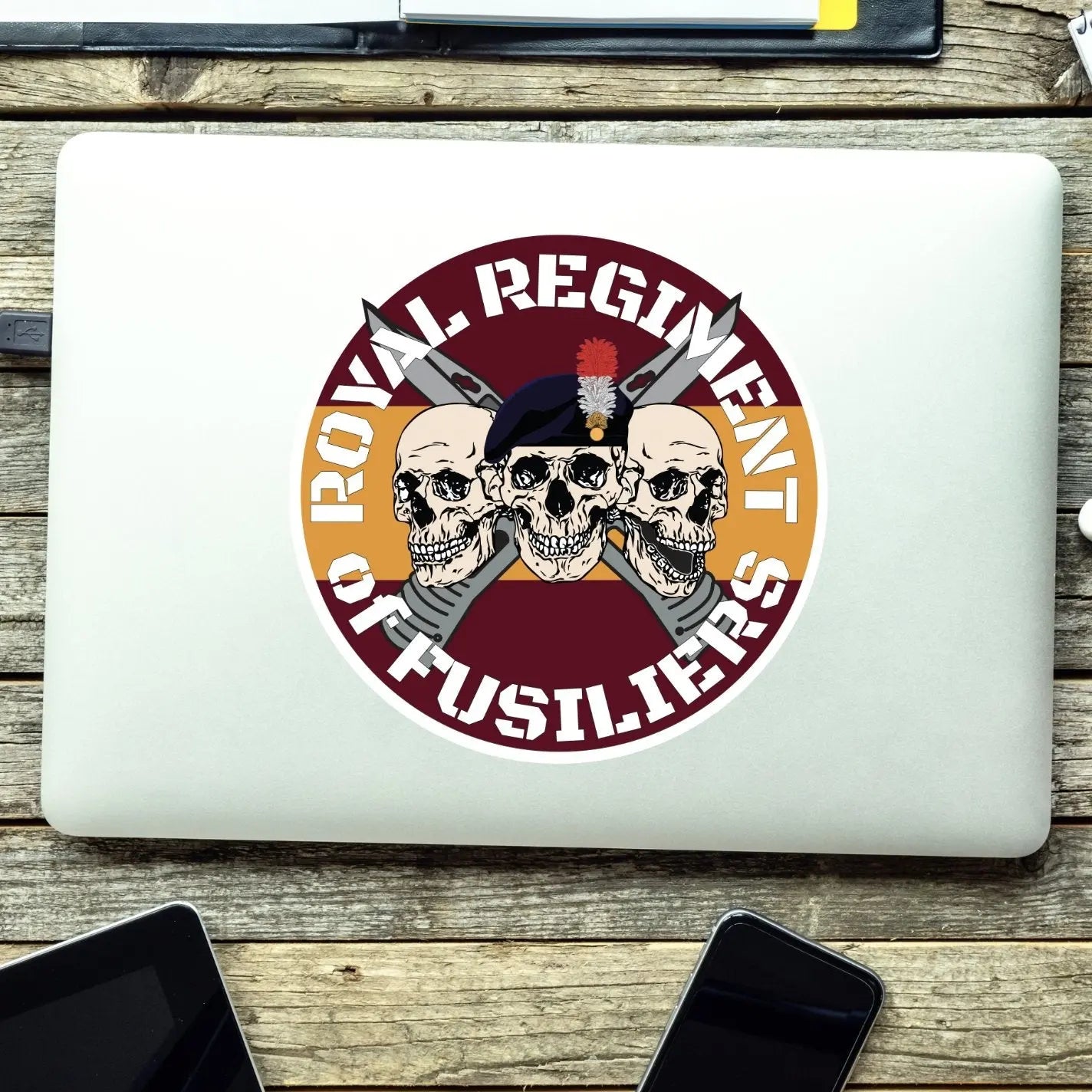 Royal Regiment of Fusiliers Waterproof Vinyl Stickers Three Skull Design - Red Plume
