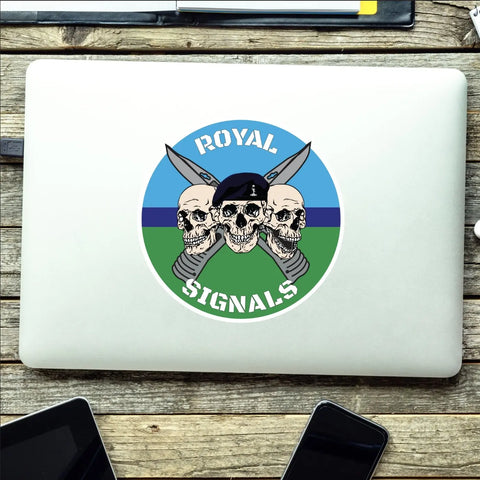 Royal Signals Regiment Waterproof Vinyl Stickers Three Skull Design - Red Plume