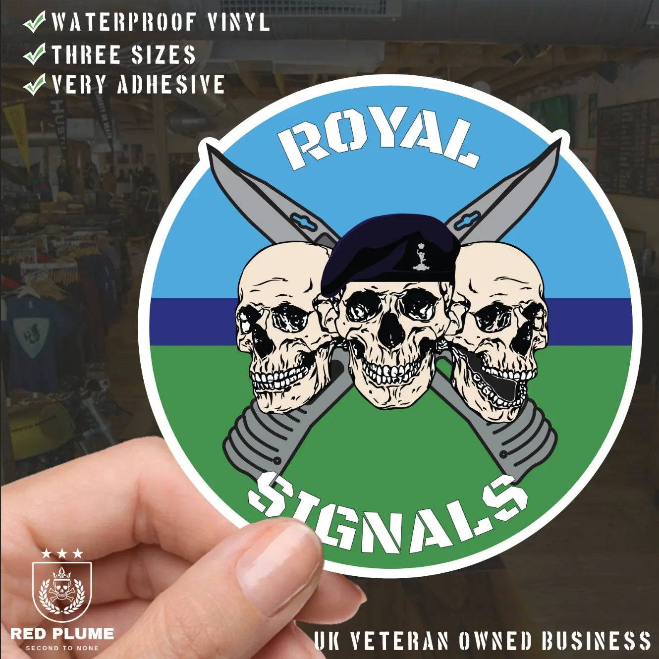 Royal Signals Regiment Waterproof Vinyl Stickers Three Skull Design redplume