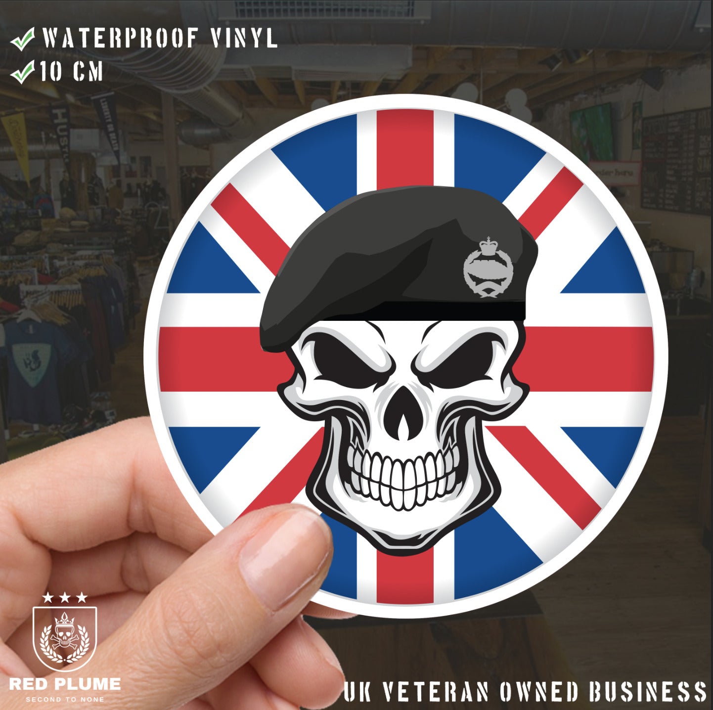 Royal Tank Regiment RTR Skull with Beret UJ Vinyl Sticker - 10cm redplume