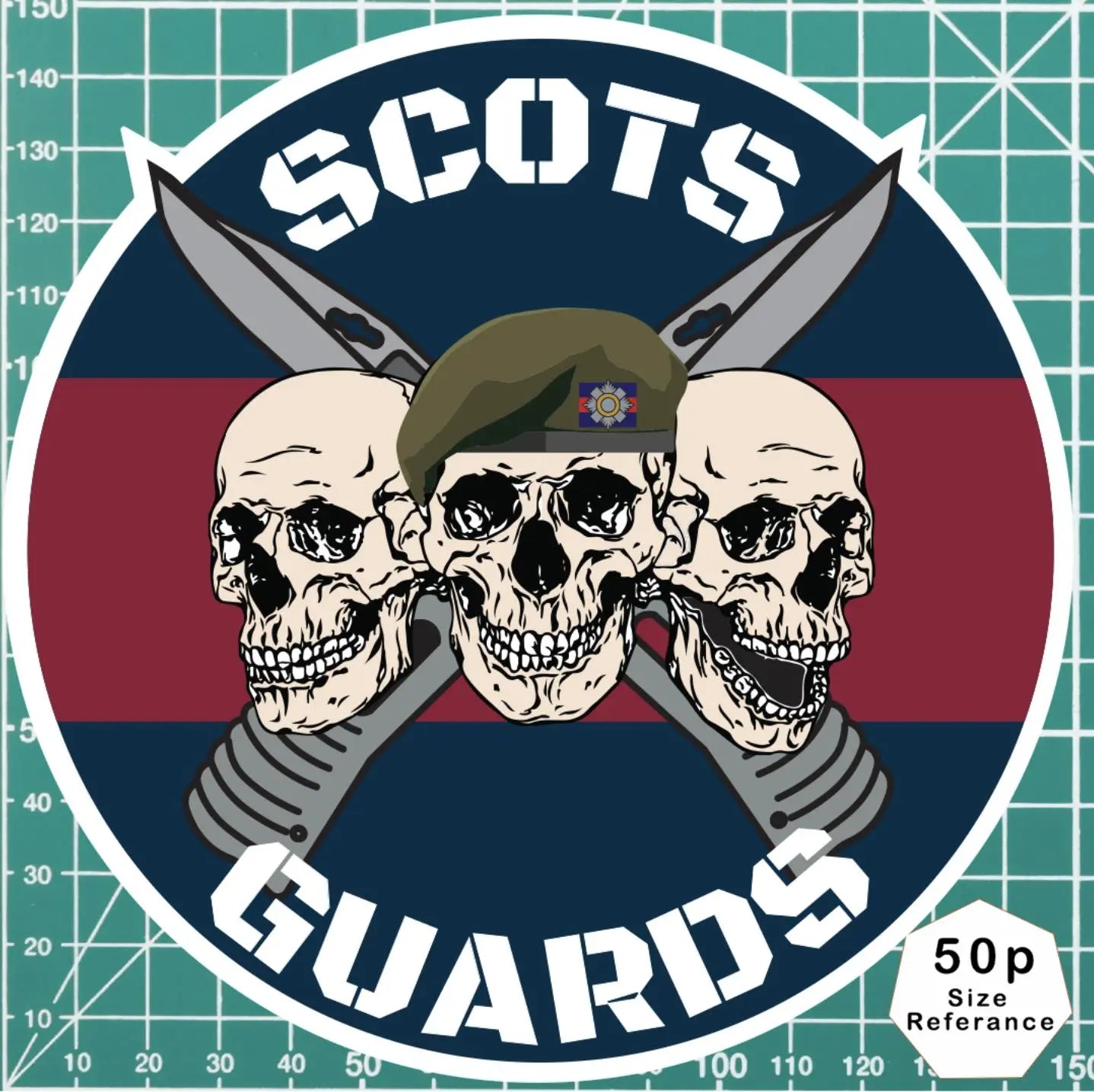 Scots Guards Waterproof Vinyl Stickers Three Skull Design - Red Plume